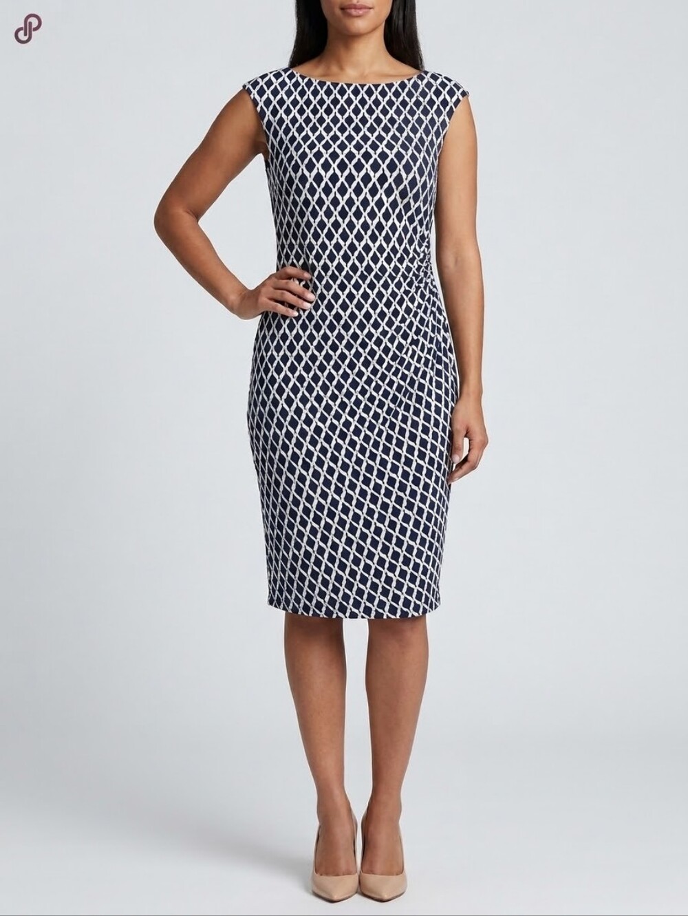 Lauren Ralph Lauren Navy and White Geometric Midi DressLauren Ralph Lauren Navy